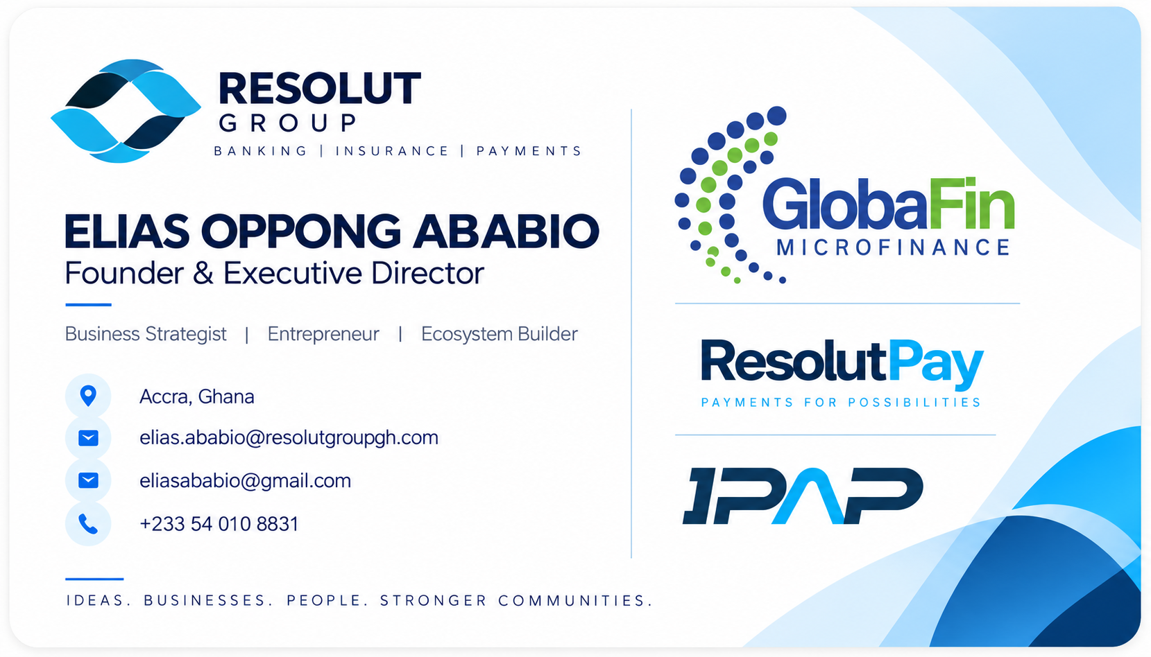 ReSolut Group Complementary Card - Front featuring Elias Oppong Ababio and Ecosystem Logos